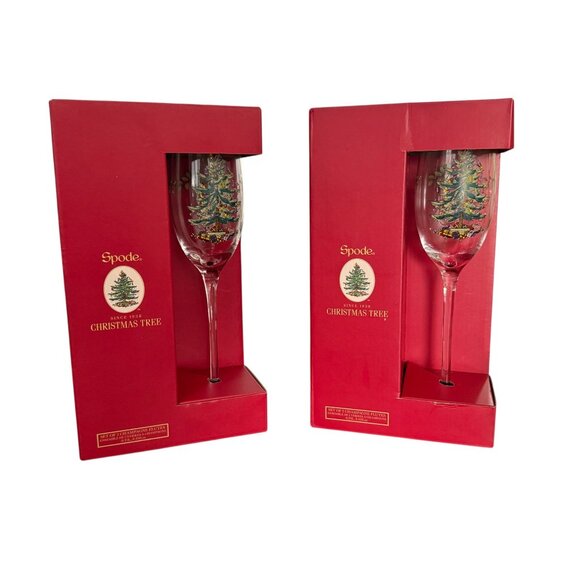 NIB Spode Christmas Tree Champagne Flutes Glasses 8.45 oz Set of 4 Holiday Gift - Picture 2 of 11